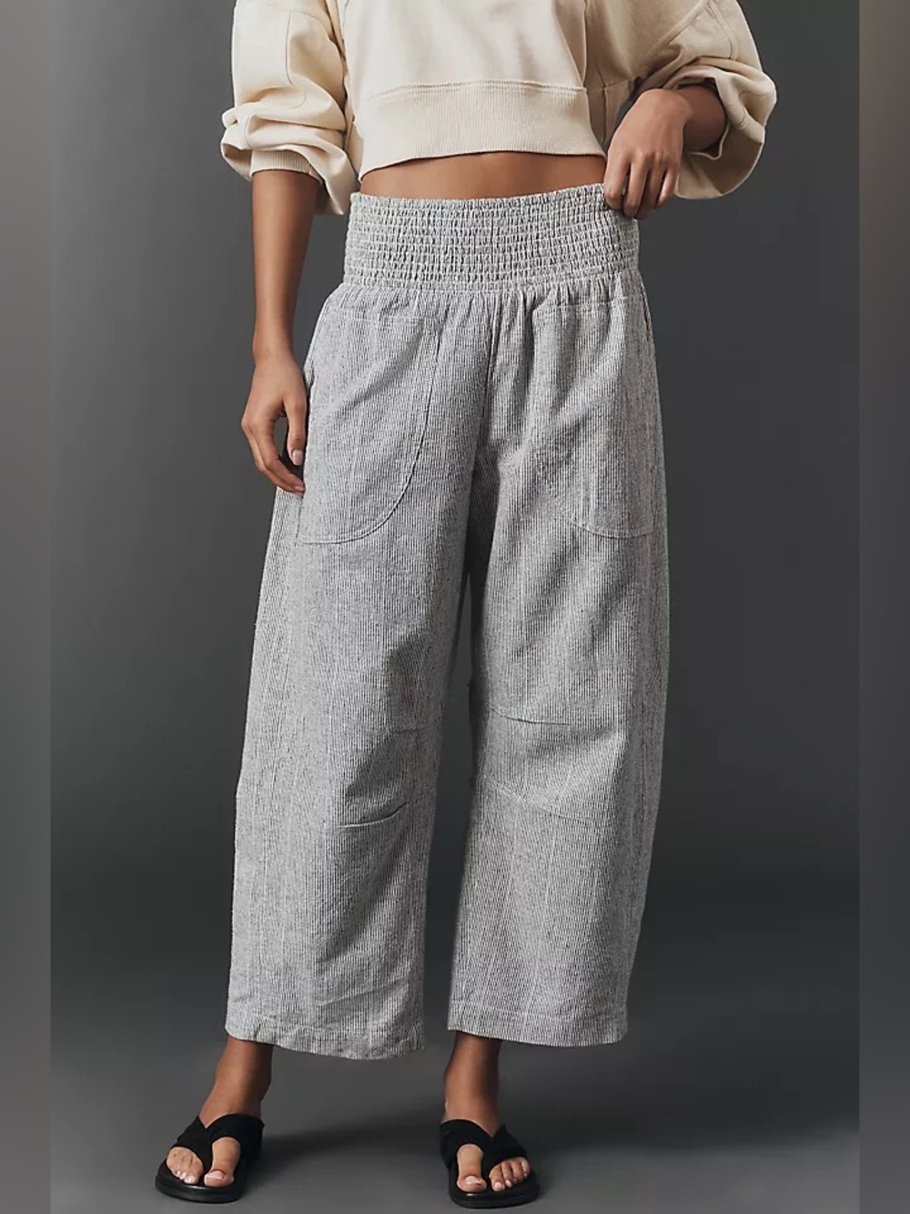 Pilcro The Reese Linen Cotton Smocked Pull On Pants in Navy Slub. NWT